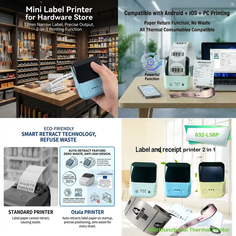 Label Printer - Миниатюрный 58-миллиметровый термопринтер для чеков, портативный